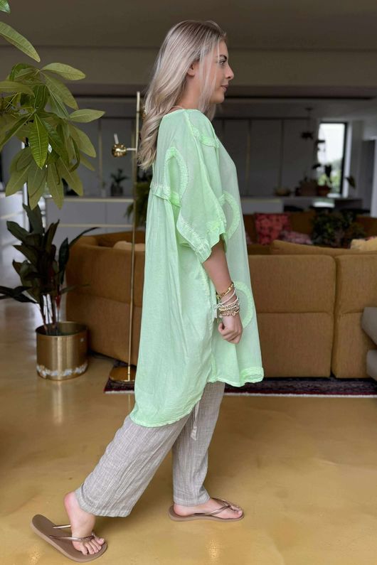 Made in Italy Sa Caleta Circle Longline Boyfriend Top Washed Twist of Lime /5 =
